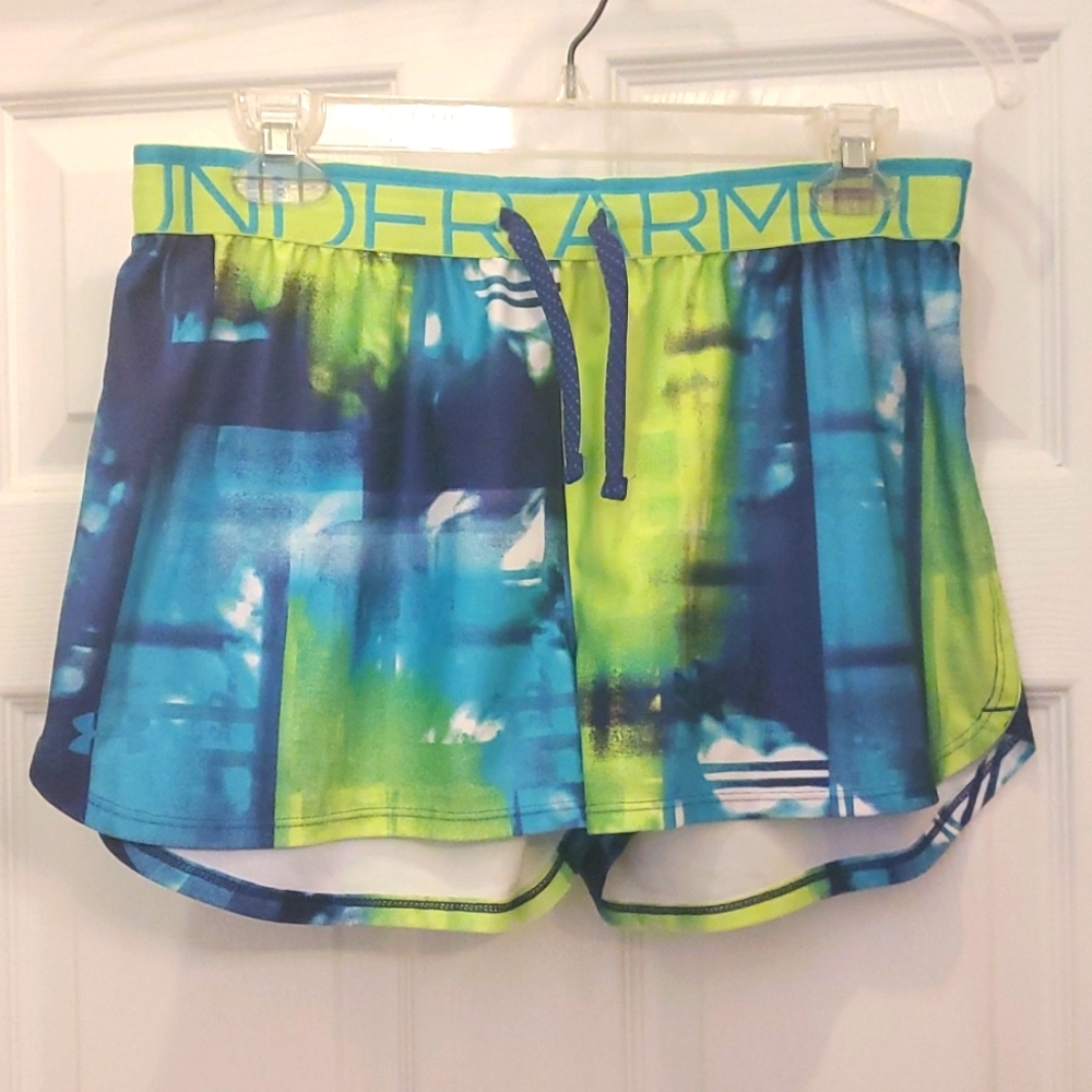 YXL Under Armour Heat Gear Shorts Lime Green, Teal & Royal Blue Design